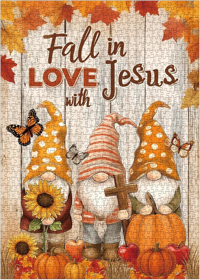 Fall Autumn Thanksgiving Puzzle for Adults 1000 Pieces, Christian Religious Jesus Jigsaw Puzzle, Gnome Pumpkin Sunflower Butterfly Scripture Bible Cross Puzzle