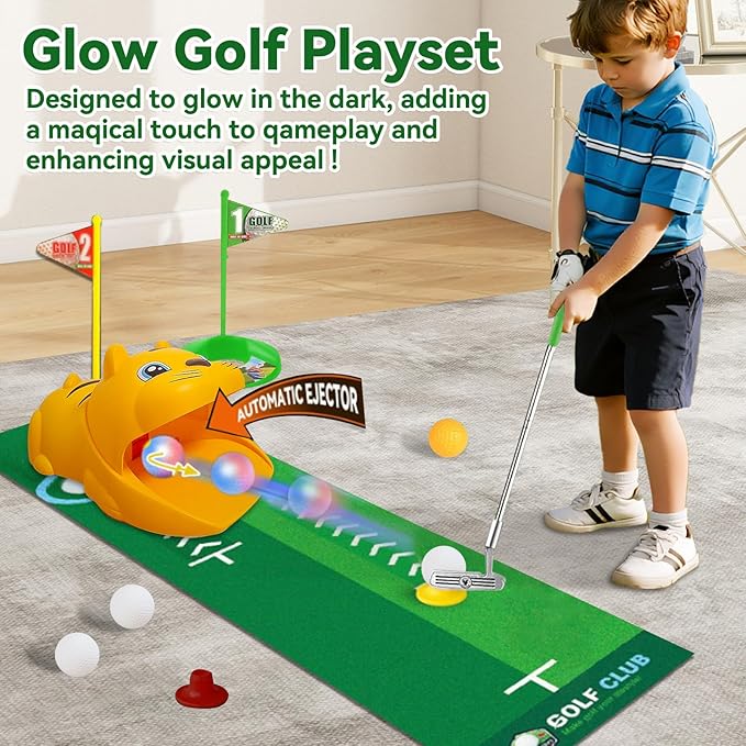 Upgraded Kids Toy Golf Set with Tiger Automatic Returner, Led Light Up Night Golf Balls, 3 Clubs, Putting Mat, 3-8 Toddler Mini Golf Games, Indoor Outdoor Sports Toys for Kids