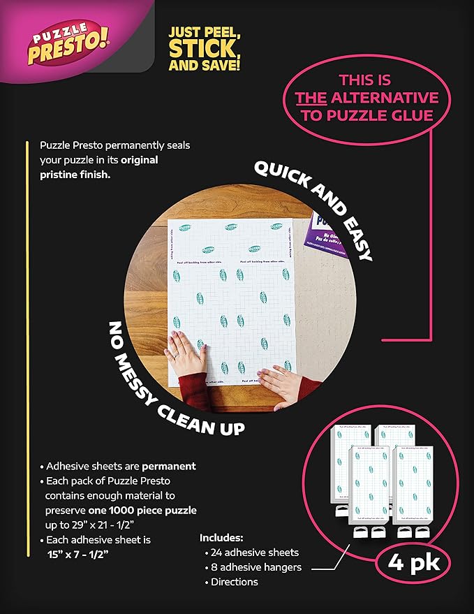 (4 Pack) Puzzle Presto! Peel & Stick Saver: The Original and Still The Best Way to Preserve Your Finished Puzzle! 24 Adhesive Sheets and 8 Adhesive Hangars.