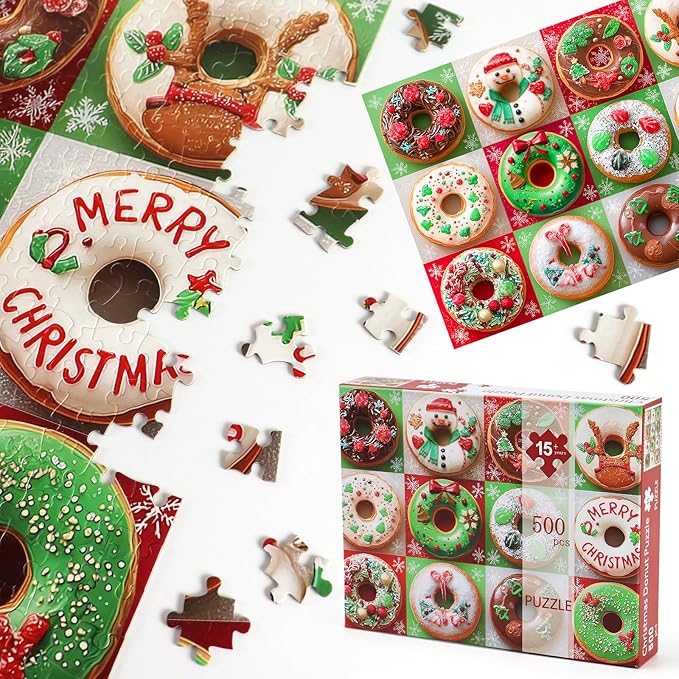 Christmas 500 Piece Puzzle for Adults, Winter Donuts Jigsaw Puzzles - Challenging Puzzle for Game Nights Holiday Family Party Decoration