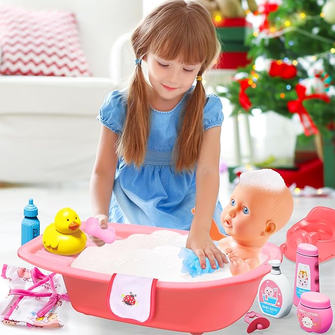 PROOU Baby Doll Care Toys, 30PCS Baby Dolls Bath Set & Doctor Kit, Pretend Play Baby Doll Set, Incl Bathtub, Bathrobe, ECG, Thermometer, Toddlers Toys Gifts for Age 3 4 5 6 Year Old Girls