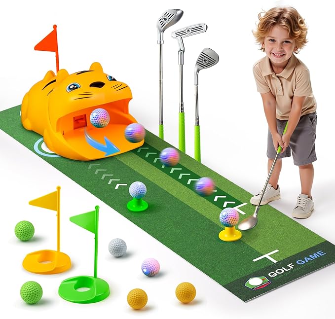 Putting Green Indoor with Toddlers Golf Clubs，Party Game with Automatic Golf Bounce Back Machine,Outdoor Training mats,Light up Balls,Gifts for 3 Year Old boy&Girl