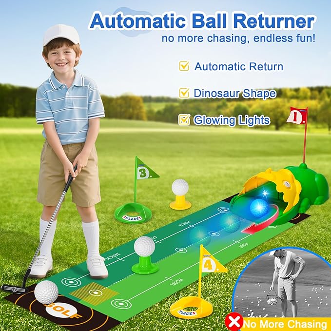 Upgraded Kids Golf Set Kids Golf Clubs With Dinosaur Automatic Golf Returner Toddler Golf Set with Glow Balls, 3-8 Toddler Mini Golf Games, Gator Golf, Indoor Outdoor Sports Toys for Boys, Girls