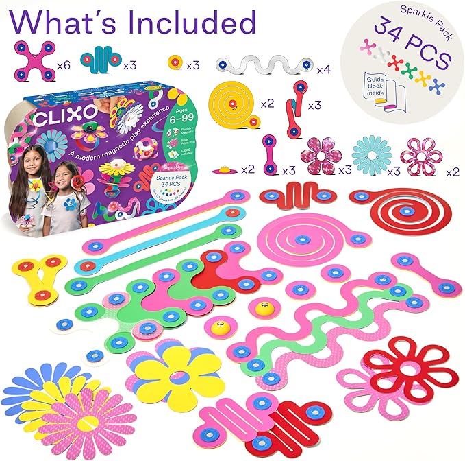 Clixo Sparkle Pack – 34-Piece Magnetic Building Set with Holographic Patterns | Create Necklaces, Bracelets & Headpieces | Flexible STEAM Toy for Kids Ages 6+