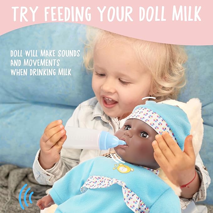 Toy Choi's Interactive Baby Doll Blue - 16 Inch Crying Talking Feeding Dolls with Different Sounds and Accessories, Pretend Play Preschool Toys for 2 3 4 5+ Year Old Girls Boys Gift, Black Doll