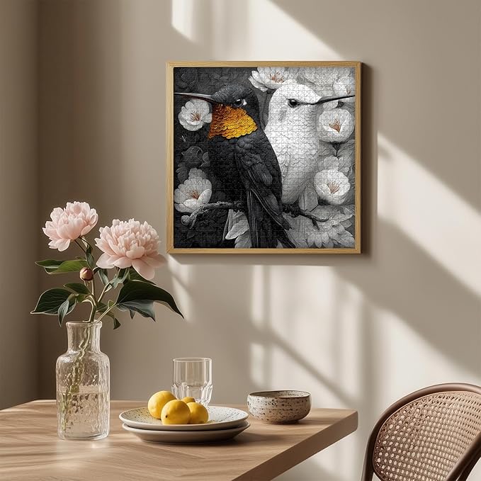 PICKFORU Yinyang Hummingbirds Jigsaw Puzzles 1000 Pieces for Adults, Black White Hummingbird Adult Puzzles, Nature Balance Animal Flowers Puzzle