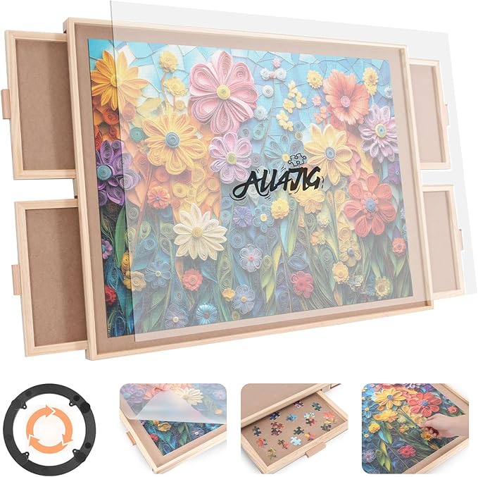 ALL4JIG 2000 Piece Rotating Puzzle Board with 4 Drawers and Cover, 28.5"x40.1"Portable Wooden Jigsaw Puzzle Table for Adults Portable, Lazy Susan Spinning Boards Birthday Gift for mom