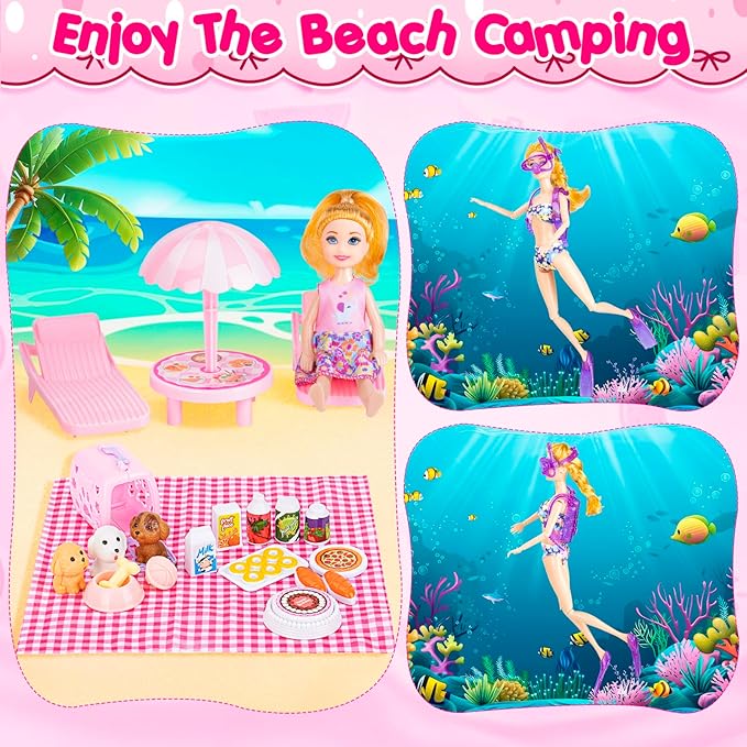 160+ Pcs Doll Closet with 11.5 Inch Doll Clothes and Accessories Set, Camping Set, Princess Dresses, Camping Tent, Beach Swim Accessories Set, Diving Suit, Dress Up Toys for Girls Gift