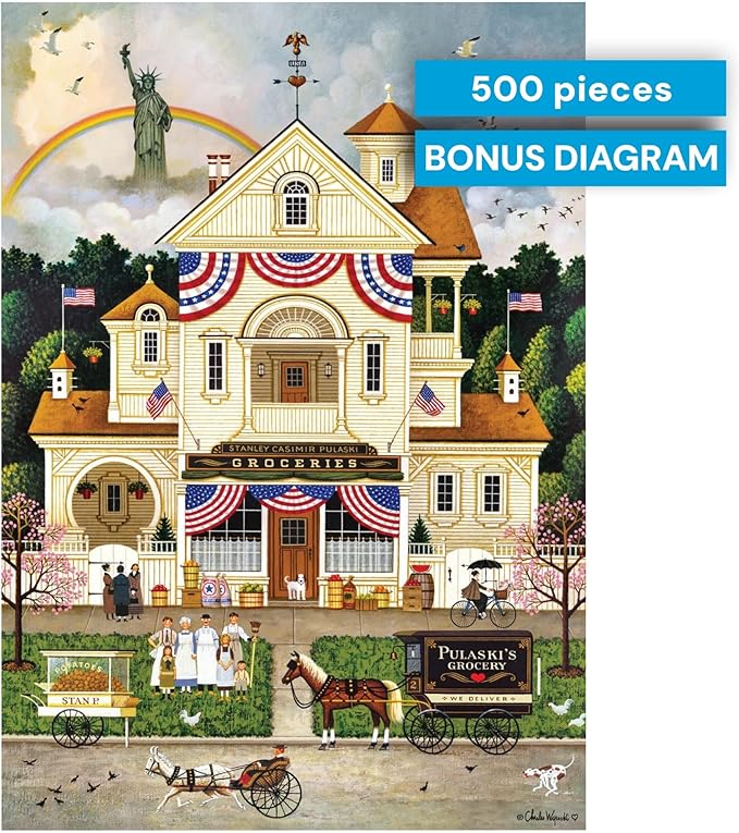 Buffalo Games - Jigsaw Puzzle 500 Pieces for Adults - Charles Wysocki Lady Liberty’s Independence Day Enterprising - Premium Giftable Foil Box with Reference Poster - Made in USA