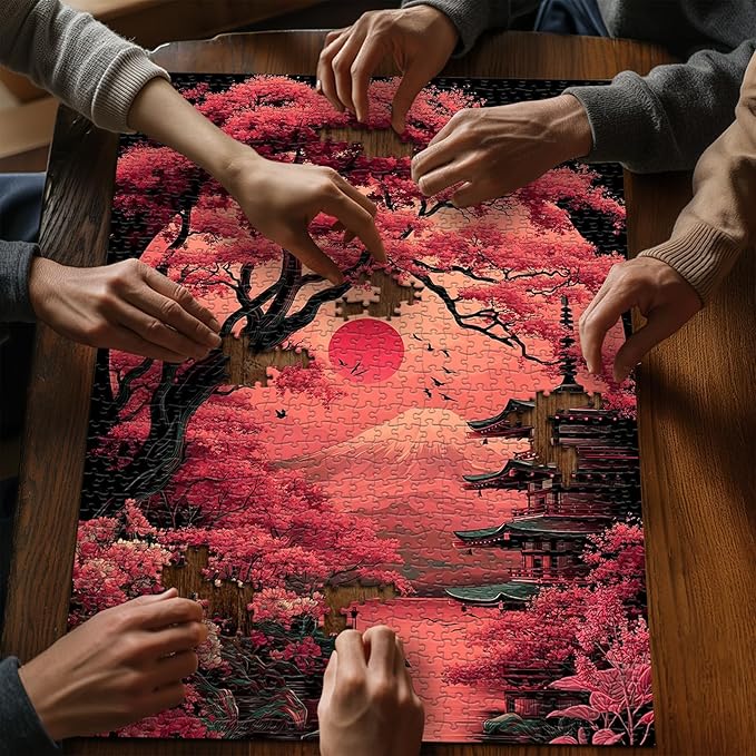 PICKFORU Landscape Puzzles 1000 Piece for Adults, Japanese Cherry Blossom Puzzle Nature Mountain Tree Scenic, Flower Vintage Scenery Jigsaw Puzzles Challenge