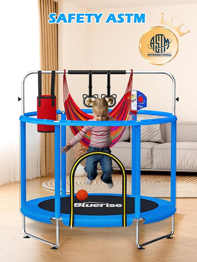 BLUERISE 55IN 6FT Toddler Trampoline for Kids Indoor Outdoor Play for Kids Trampoline Basketball Hoop Attachment with Enclosure Net Easy to Assemble