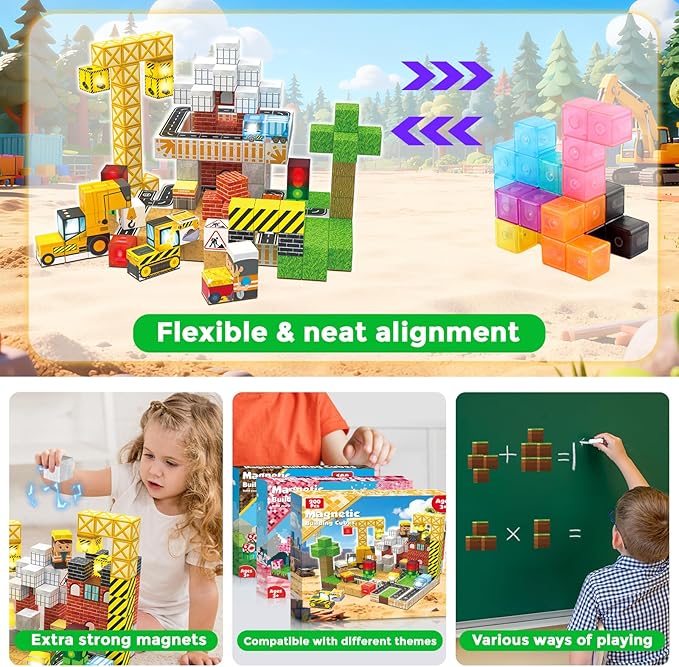 200PCS Light Up Magnetic Blocks - Magnet Building Blocks, Stacking Magent Cubes Construction Theme, STEM Montessori Sensory Educational Easter Birthday Gifts Toys for Kids Boys Girls Ages 3-12