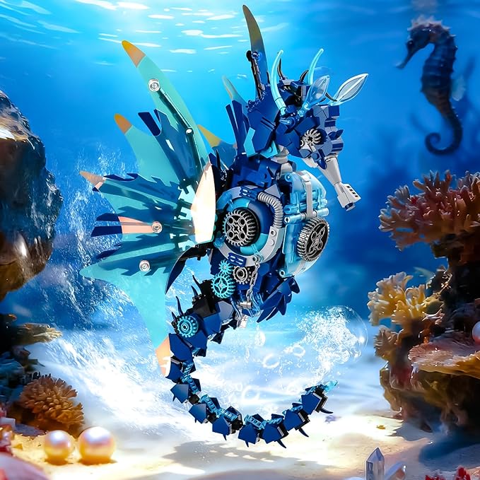BNG Mechanical Seahorse Building Set for Adult,Movable Ocean Animal with Display Stand,Sea Fish Building Block Toy,Home Decor Gift for Adults Teens Kids Boys Ages 8+(1003PCS)