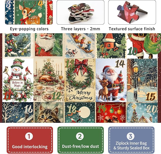 1000 Piece Christmas Puzzle for Adults, 24 Vintage Holiday Scenes Jigsaw Puzzle, 19.2 x 26.6 in Decorative Christmas-Themed Puzzle, Perfect and Family Activity