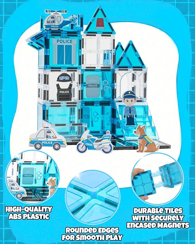 Magnetic Tiles for Kids Ages 3+, Police Magnetic Tiles Building Blocks with City Scene Pieces, Police Officer Elements & Accessories, STEM Toys for Toddlers, Ideal Gift for Boys and Girls