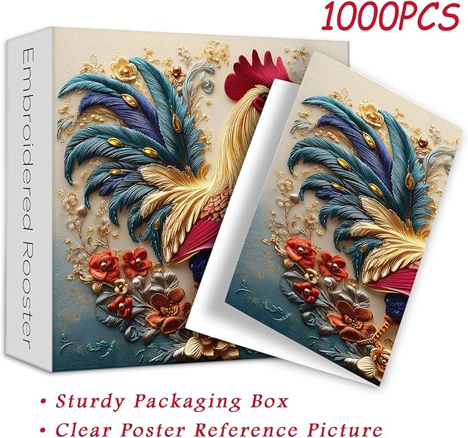 PICKFORU Rooster 1000 Piece Puzzle for Adults, Embroidery Art Chicken Jigsaw Puzzles Flower, Sewing Animal Theme Puzzle