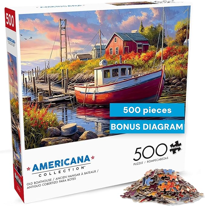 Buffalo Games - Old Boathouse 500 Piece Jigsaw Puzzle for Adults, Americana Boat Puzzle with Full-Color Poster, Premium Quality Made in the USA