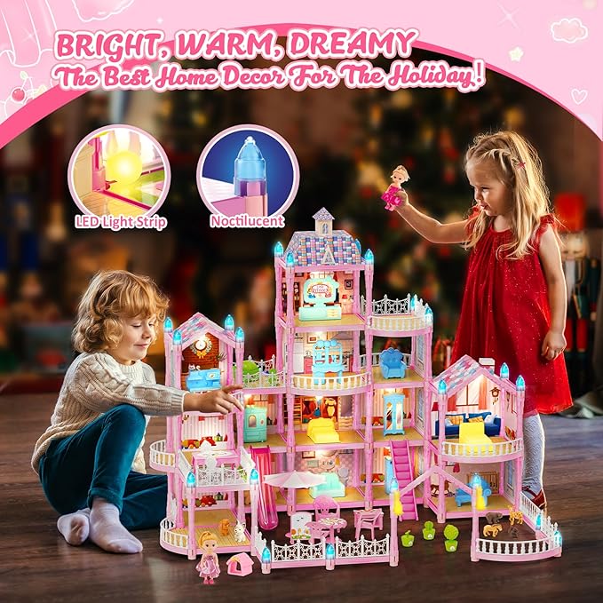 Doll House for Girls, Dream Dollhouse 4-Story 15 Rooms with 2 Dolls, Lights, Animals, Furniture and Accessories, Pretend-Play Toddler Playhouse Gift for 3 4 5 6 7 8 9 10+ Year Old Girls Toys