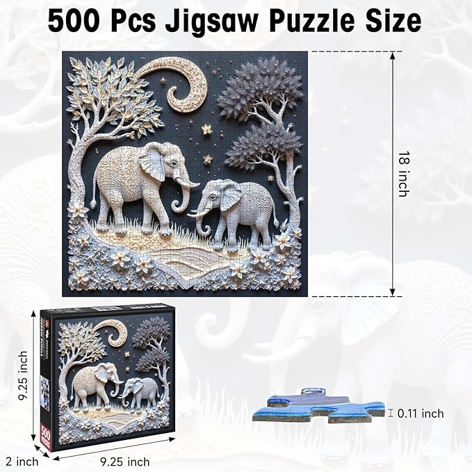 500 Piece Puzzles for Adults, 3D Embossed Elephant Mother Jigsaw Puzzle with Moon Scene, Cardboard Puzzle with Letters on Back for Game Nights & Home Decor, 18×18 Inch