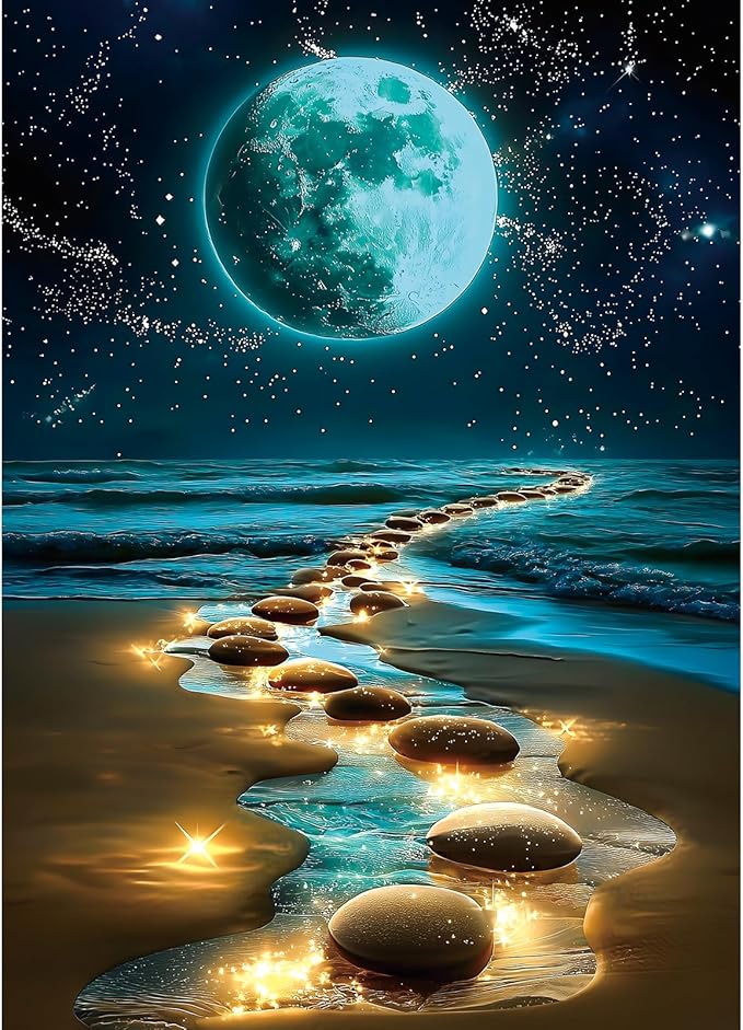 Beach Jigsaw Puzzles for Adults 1000 Pieces, Sparkling Moon and Ocean Night View Jigsaw Puzzles, 27x19 Inch Home Wall Art Decoration Challenging Puzzle Perfect for Adult Nature Landscape Lovers