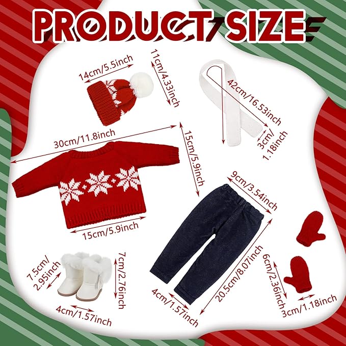 Bencailor 6 Pcs 18 Inch Christmas Doll Clothes and Accessories Winter Outfits Set Sweaters Trousers Hats Shoes Gloves for 18 Inch Doll Gifts(Red White)