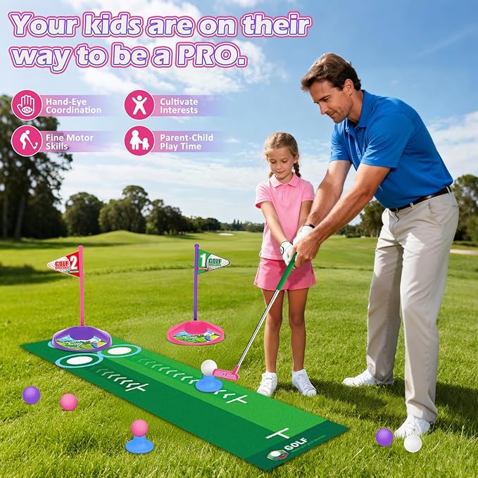Kids Toy Golf Set with Dinosaur Automatic Golf Returner, Led Light Up Night Golf Balls, 3 Clubs, Putting Mat, 3-8 Toddler Mini Golf Games, Indoor Outdoor Sports Toys for Boys Girls 3+ (Pink)
