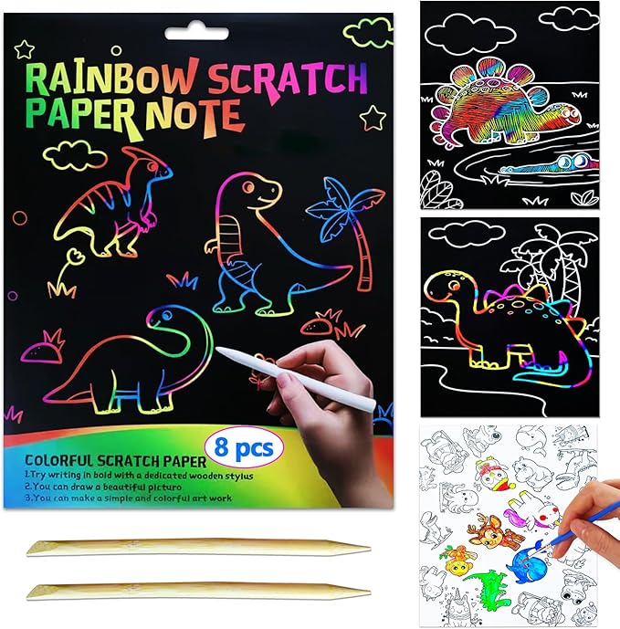 JUNQIU Scratch Art for Kids, Rainbow Scratch Paper Art Set - Dinosaurs, Arts and Crafts for Girls Boys Ages 4-8, Activity & Christmas Crafts, Stocking Stuffers for Kids