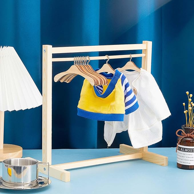 Civaner 22 Pcs Doll Garment Rack with Wooden Clothes Hanger for 18 Inch Girl Doll Clothes Mini Hangers Wardrobe Furniture Accessories for Dollhouse Baby Shower Supplies (Wood)
