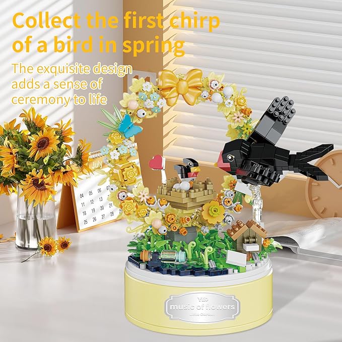 DIY Garden Toy Kit for Kids, Bird-Shaped Flower Building Set, Educational STEM Gift for Girls Boys Age 8+, Rotating Music Box Craft, Birthday Present Home Decor (Yellow