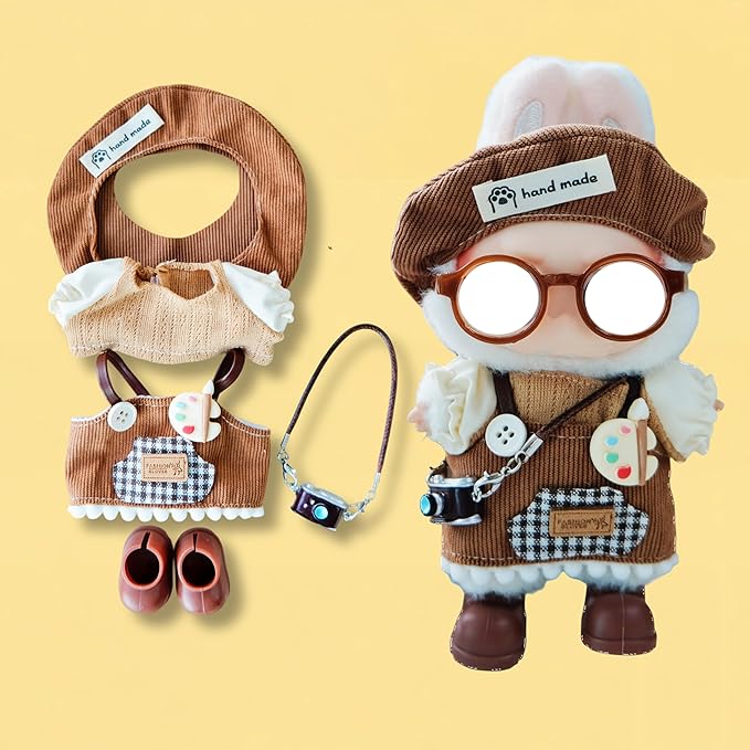 Clothes for 17cm Doll, 6 pcs Set Doll's Outfits Luxury Dress Shirt Pants Glasses Hat Headset Shoes Camera Accessories Fashion Stylish Adorable Dolls Clothes (No Doll) (Painter Brown)