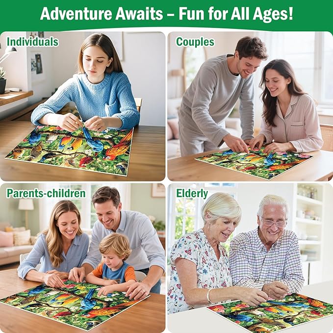 300 Piece Puzzle for Adults,Jungle Parrots Jigsaw Puzzles Adults Kids Seniors,Large Piece Animal Puzzle for Kids Ages 8-10 10-12,Bird Flower Puzzles Letters on Back,Unique Puzzles Great Gift,20.5*15in