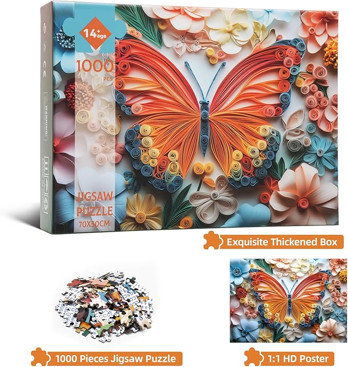 Jigsaw Puzzle 1000 Pieces Quilled Paper Butterfly Puzzle – Enchanted Nature Puzzle, Whimsical 3D Spring Florals, Challenging Adult Wall Art