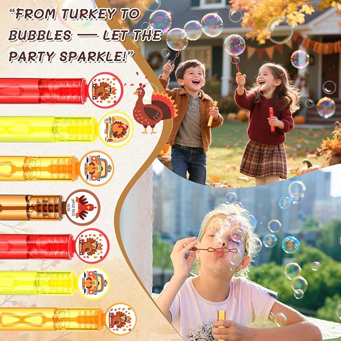 24 Pcs Mini Thanksgiving Turkey Bubble Wands Fall Party Favors Turkey Bubble Wands Bulk Thanksgiving Toys Gifts for Kids Classroom Awards Goodie Bag Fillers