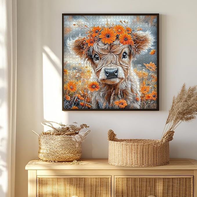 PICKFORUF Floral Calf 1000 Piece Puzzle for Adults,Orange Flower Cute Cow Jigsaw Puzzles 1000 Pieces,Nature Wildflower Grassland Animal Puzzle