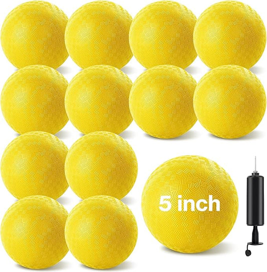 12 Pack Dodgeballs 5 Inch Playground Ball Kickball Yellow Inflatable Rubber Handball Bouncy Dodge Ball with 1 Hand Pump for Outdoors Ball Games Gym Camps Picnic