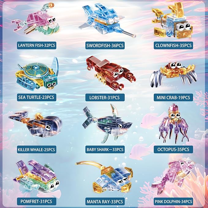 12 Piece Set of Marine Animal Building Blocks, Suitable for Goodie Bags, Stocking Stuffer, Classroom prizes, Birthday Gifts, Boys' and Girls' Toys 12 in one Building Block Set