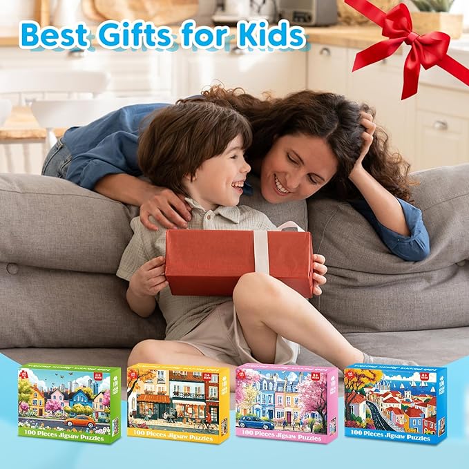 4 Packs 100 Piece Puzzles for Kids Adults, 4 in 1 Jigsaw Puzzles for Kids Ages 6-8 8-10, Beautiful House Large Piece Puzzle for Seniors Learning Educational Children Puzzle 5-8 for Boys and Girls
