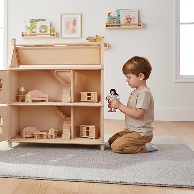 PlanToys® Mother Wooden Dollhouse Figurine | Poseable 1:12 Scale Mini Doll (5 Inch) | Dollhouse Accessories for Pretend Play | Eco-Friendly Montessori Toy for Kids Ages 3+