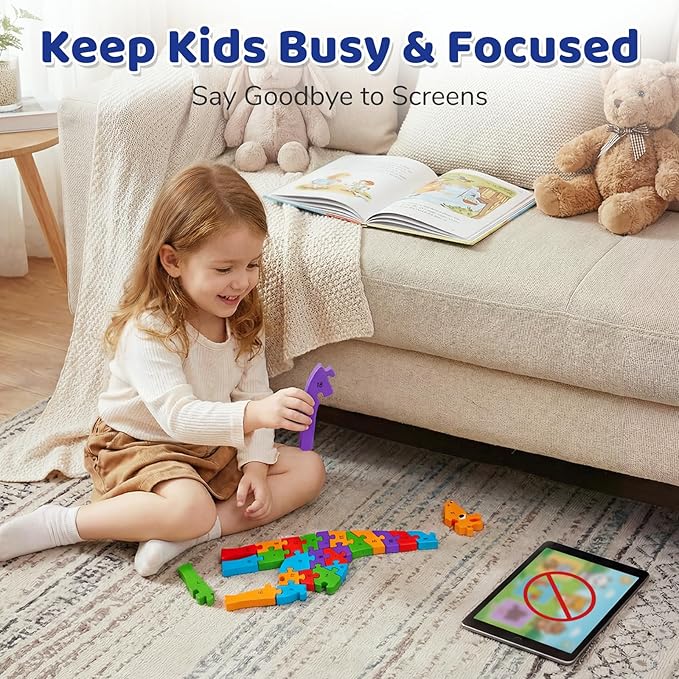 LovesTown Wooden Puzzles for Kids, Double Sided Giraffe Jigsaw with Alphabet & Numbers, Montessori Educational Toy for Toddlers, Chunky Animal Gift