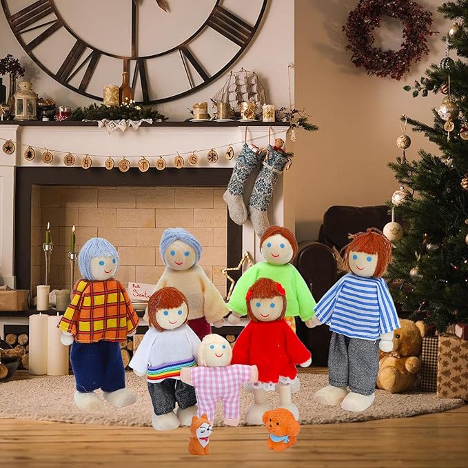 ONEST 17 Pieces Wooden Dollhouse Family Set Mini People Figures Dog Cat Sets Dollhouse Dolls Wooden Doll Family Pretend Play Figures Accessories for Pretend Doll House