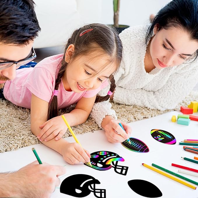 JarThenaAMCS 60 Pcs Football Scratch Paper Craft Kits Football Helmet Scratch Cards Ornaments with Ribbon and Wooden Styluses for DIY Crafts Painting Classroom Party Supplies