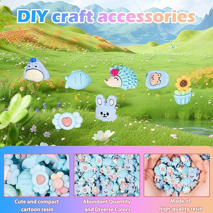 50PCS Blue Series Cartoon Resin Mystery Blind Bag – Mini Cute Figures for Kids Crafts, Tiny Random Toy Charms, DIY Phone Case Decorations, Surprise Collectible Resin Miniatures Variety Pack