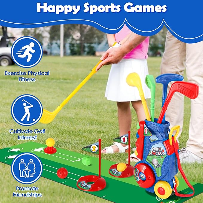 SUPER JOY Toddler Golf Set with Mat, Kids Golf Cart with 4 Clubs & 8 Balls, Indoor Outdoor Golf Toys for Boys Girls, Mini Golf Birthday Gifts for Baby 3-5 Years Old