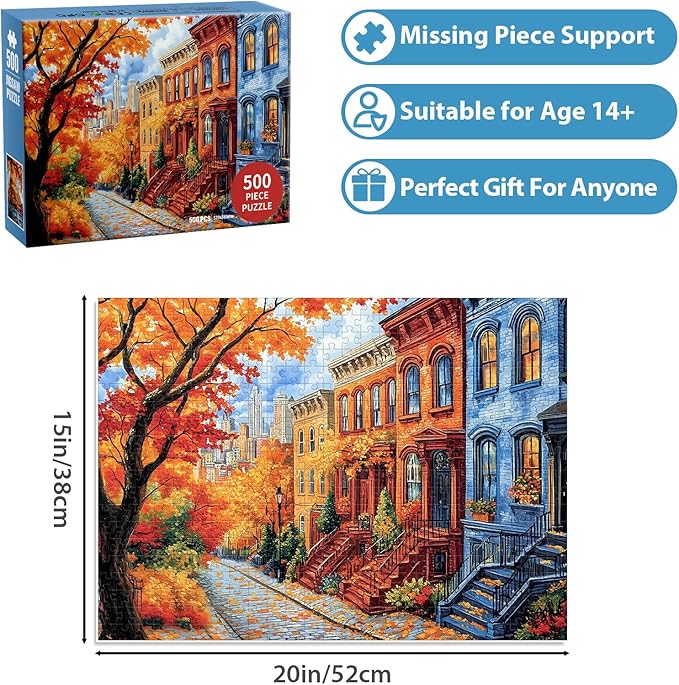 500 Pieces Jigsaw Puzzles for Adults, Beautiful Fall Street Puzzle for Adults Elderly, Recycled Paper Autumn Puzzle 500 Pieces, Glossy, Sturdy Pieces Challenging Family Game (20.5x15in)