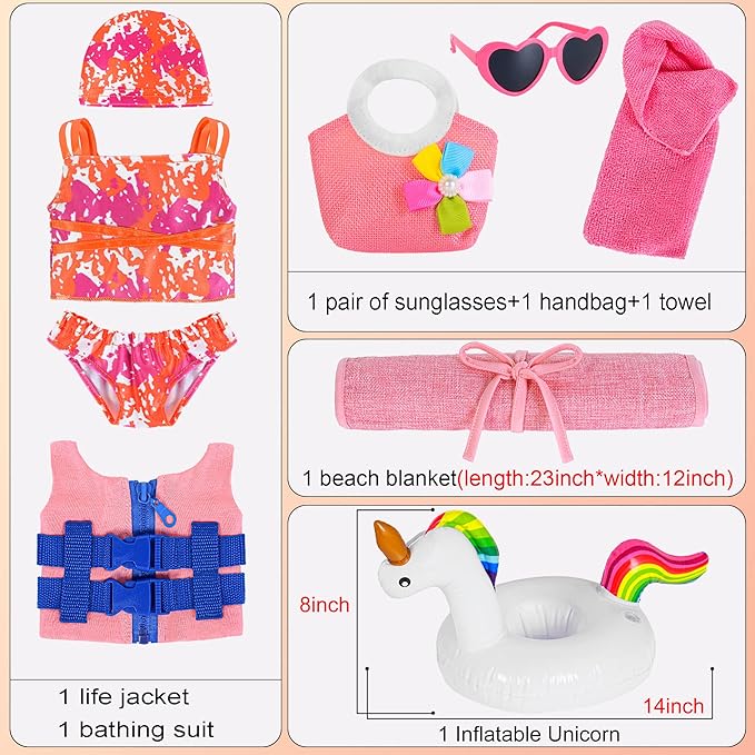 ebuddy 18 inch Doll Clothes and Accessories - Swimsuit and BeachSet Summer Pool & Beach Outfit with Life Vest, Unicorn Float, Towel and More for 18" Dolls (No Doll)