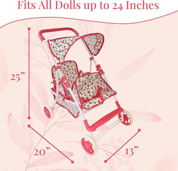 Double Doll Stroller for Twin Dolls & Toddlers - 25' Floral Tandem Play Toy Stroller