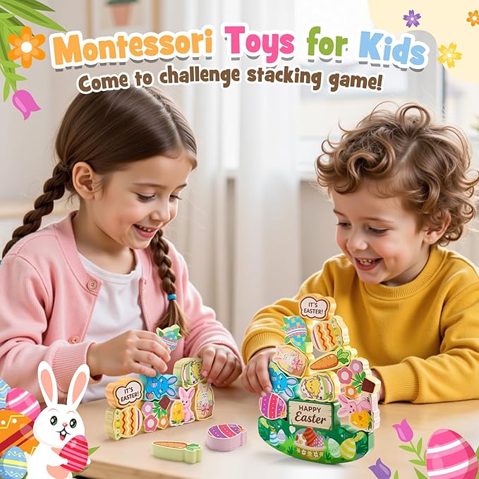 Easter Basket Stuffers Gifts for Kids Toddler Easter Toys 11 Pcs Wooden Stacking Blocks Toy for 3 4 5 6 7 8 9 10 Year Old Boys Girls Kid Balance Competition Games for Ages 5-7 Toddlers Gift