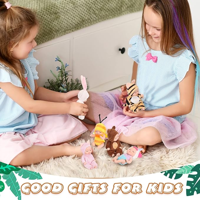 Hanaive 10 Pcs 4 Inch Mini Baby Dolls Lifelike Realistic Tiny Baby Dolls with Animal Clothes Cute Infant Figurine Gifts Set for Toddlers Girls Kids 3+ Easter Graduation Birthday(Lovely Style)