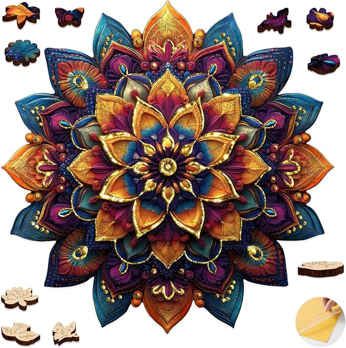 Mys Aurora Purple Mandala Puzzles for Adults, 200 Piece Colorful Flower Jigsaw Puzzles, Unique Shaped Round Wooden Puzzles for Adults and Kids, Fun Challenge for Birthday Gift, 11.2 x 11.2 Inches