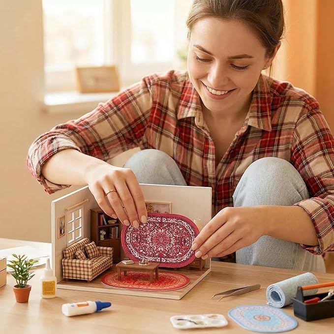 4pcs Dollhouse Rug Sets,1/12 Miniature Accessories Kits for Dollhouse and Decorations,Which Including 4 Colors Welcome Floor Blanket Carpet for Furniture Indoors